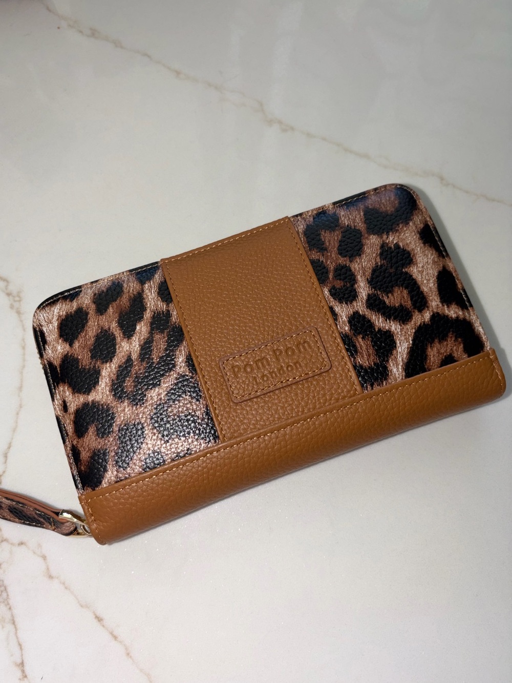 Pom Pom London Chelsea Wallet cheetah leopard print and maple brown leather NEW